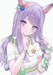 Rule 34 | 1girl, absurdres, alternate costume, alternate hairstyle, animal ears, blush, breasts, closed mouth, collarbone, finger to face, hair ornament, highres, horse ears, horse girl, jewelry, looking at viewer, mejiro mcqueen (ripple fairlady) (umamusume), mejiro mcqueen (umamusume), mikami hotaka, necklace, portrait, purple eyes, purple hair, simple background, small breasts, smile, swimsuit, umamusume, white background