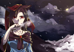 Rule 34 | 1girl, animal ears, bare shoulders, blood, blood from mouth, breath, brooch, brown hair, collarbone, dress, head scarf, imaizumi kagerou, jewelry, kakao (noise-111), long hair, looking at viewer, off-shoulder dress, off shoulder, outdoors, parted bangs, red eyes, snowing, solo, touhou, upper body, wide sleeves, wiping mouth, wolf ears
