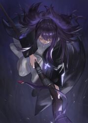 1girl black_coat blunt_bangs bug butterfly closed_eyes closed_mouth coat dress fern_(sousou_no_frieren) floating_hair flying full_body highres holding holding_staff insect long_hair purple_butterfly purple_hair simple_background sitting solo sousou_no_frieren staff white_dress yuubi_yuutsu