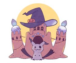Rule 34 | commentary request, creature, creatures (company), fire, fire, full body, game freak, gen 5 pokemon, gen 7 pokemon, halloween, hat, jaho, litwick, looking at viewer, mimikyu, nintendo, no humans, palossand, pokemon, pokemon (creature), simple background, standing, white background, witch hat