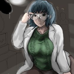 Rule 34 | 1girl, ?, aran sweater, bad id, bad pixiv id, blue eyes, blue hair, breasts, cable knit, cum, facial, goggles, lab coat, large breasts, lowres, penis, safety glasses, solo focus, supopo (pi4v2000), sweater