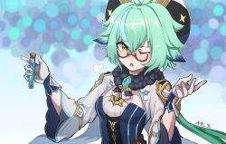 Rule 34 | 1girl, absurdres, animal ears, cape, cat ears, commentary request, flask, genshin impact, glasses, gloves, green hair, hair between eyes, hat, highres, holding, long hair, long sleeves, looking at viewer, low ponytail, multicolored hair, one eye closed, parted lips, pureakuma, semi-rimless eyewear, sidelocks, simple background, solo, streaked hair, sucrose (genshin impact), two-tone hair, vision (genshin impact), white gloves, yellow eyes