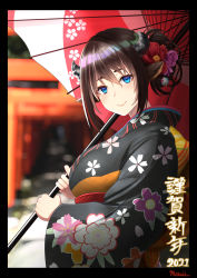 Rule 34 | 1girl, 2021, animal ears, black hair, black kimono, blue eyes, chinese zodiac, cow ears, cow girl, cow horns, day, floral print, flower, furisode, hair flower, hair ornament, highres, holding, holding umbrella, horns, japanese clothes, kimono, motsushi, new year, obi, oil-paper umbrella, original, outdoors, print kimono, red umbrella, sash, torii, umbrella, upper body, wide sleeves, year of the ox