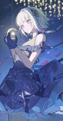 1girl alternate_costume aquila_(constellation) bare_shoulders blue_dress blue_gloves bootes_(constellation) bright_pupils cevio commentary_request constellation constellation_print corona_borealis_(constellation) cowboy_shot crescent diamond_hair_ornament draco_(constellation) dress falling_petals floating_clothes floating_hair from_below from_side gloves glowing hair_ornament hands_up hercules_(constellation) highres in_palm kafu_(cevio) kamitsubaki_studio looking_at_object low-tied_sidelocks lyra_(constellation) multicolored_eyes night night_sky ningen_mame off-shoulder_dress off_shoulder ophiuchus_(constellation) petals pink_pupils purple_eyes purple_petals sagitta_(constellation) scutum_(constellation) see-through_clothes serpens_(constellation) short_dress short_hair short_hair_with_long_locks sky sleeveless sleeveless_dress solo star_(symbol) star_map starry_sky_print three_quarter_view vulpecula_(constellation) white_hair white_pupils