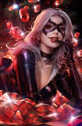 Rule 34 | 1girl, black cat (marvel), black choker, black gloves, breasts, choker, cleavage, collarbone, dcwj, domino mask, fur trim, gem, gloves, highres, large breasts, long hair, looking at viewer, marvel, mask, official art, open mouth, realistic, red gemstone, red lips, signature, smile, solo, spider-man, spider-man (series), white hair