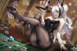 Rule 34 | 1girl, absurdres, alcohol, animal ears, aqua eyes, blue eyes, bottle, card, casino, cup, drinking glass, eyepatch, fake animal ears, feet, gins, hair over one eye, highres, leotard, long hair, looking at viewer, multicolored hair, open mouth, pantyhose, playboy bunny, playing card, poker chip, ponytail, rabbit ears, silver hair, soles, streaked hair, toes, tray, wine, wine bottle, wine glass