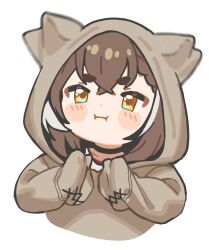 Rule 34 | 1girl, :i, ahoge, animal hood, braid, braided bangs, brown eyes, brown hair, brown hoodie, chibi, crossed bangs, ears through headwear, flapping ears, highres, hololive, hololive english, hood, hood up, hoodie, multicolored hair, nanashi mumei, nanashi mumei (casual), official alternate costume, oversized clothes, pout, short hair, streaked hair, sweater, tenchi mayo, thick eyebrows, virtual youtuber, white sweater