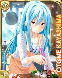 Rule 34 | 1girl, apron, blue hair, card, character name, chopsticks, closed mouth, day, food, frying pan, girlfriend (kari), indoors, japanese text, kayashima otome, kitchen, long hair, official art, qp:flapper, red eyes, sink, smile, solo, tomato, very long hair