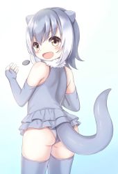 Rule 34 | 10s, 1girl, :d, animal ears, blue background, blush, cowboy shot, elbow gloves, fingerless gloves, from behind, fur collar, gloves, gradient background, gradient hair, grey gloves, grey hair, grey one-piece swimsuit, grey shirt, grey thighhighs, juggling, kemono friends, looking at viewer, looking back, matsuu (akiomoi), miniskirt, multicolored hair, one-piece swimsuit, open mouth, otter ears, otter tail, shirt, skirt, sleeveless, sleeveless shirt, small-clawed otter (kemono friends), smile, solo, stone, swimsuit, tail, thighhighs, white background, white hair