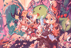 1boy 2girls absurdres ahoge armor blonde_hair blue_eyes boots broken_heart brown_hair chain dress evil_neuro-sama fake_horns fantasy fire gloves heart helmet highres holding holding_sword holding_weapon horned_helmet horns indie_virtual_youtuber knight long_hair multiple_girls neuro-sama open_mouth pillar red_eyes running sadecsss shield shoulder_armor sword tears torch vedal987 weapon