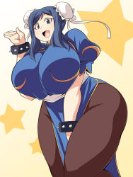 Rule 34 | 1girl, aqua eyes, blue hair, bracer, breasts, capcom, chinese clothes, chun-li, cosplay, female focus, gundam, gundam build fighters, hair bun, huge breasts, iori rinko, mature female, no panties, open mouth, pantyhose, single hair bun, solo, standing, street fighter, sunrise (company), thick thighs, thighs, uccow, wide hips