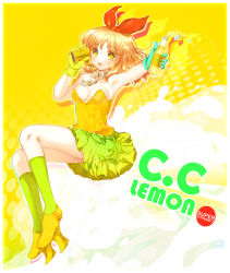 Rule 34 | 1girl, :d, blonde hair, bottle, breasts, c.c. lemon, c.c. lemon (character), can, character name, cleavage, gloves, heco (mama), highres, holding, open mouth, short hair, smile, solo, yellow eyes, yellow gloves