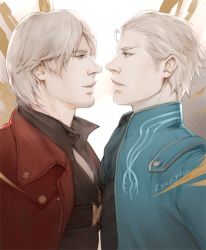 Rule 34 | 2boys, artist name, brothers, capcom, coat, dante (devil may cry), devil may cry, devil may cry (series), devil may cry 4, face-to-face, facial hair, frown, male focus, multiple boys, rynisyou, siblings, signature, smile, stubble, twins, upper body, vergil (devil may cry), white hair