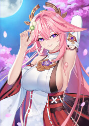 Rule 34 | 1girl, absurdres, animal ears, arm up, armpits, breasts, cherry blossoms, dango, earrings, food, full moon, genshin impact, hair ornament, hand up, highres, holding, holding food, japanese clothes, jewelry, large breasts, long hair, looking at viewer, moon, night, night sky, nontraditional miko, outdoors, petals, pink hair, purple eyes, sanshoku dango, sideboob, sky, smile, solo, tree, very long hair, wagashi, yae miko, ymmy203203