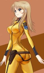 Rule 34 | 10s, 1girl, anchor symbol, ass, belt, belt skirt, blonde hair, blue eyes, blush, bodysuit, breasts, covered erect nipples, cowboy shot, from behind, from side, highres, holster, light brown hair, light smile, long hair, looking at viewer, looking back, military, military uniform, mori yuki, parted bangs, skin tight, smile, solo, turtleneck, twisted torso, uchuu senkan yamato, uchuu senkan yamato 2199, uniform