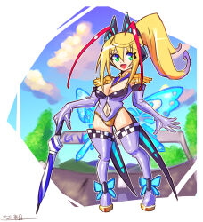 Rule 34 | 1girl, antenna hair, azure striker gunvolt, blonde hair, blue eyes, boots, breasts, butterfly hair ornament, butterfly wings, cleavage, clothing cutout, cloud, elbow gloves, energy wings, full body, gloves, green eyes, hair ornament, high ponytail, highres, holding, holding umbrella, insect wings, leotard, long hair, lumen (gunvolt), medium breasts, multicolored hair, navel cutout, oomasa teikoku, pink hair, race queen, road, smile, solo, strapless, strapless leotard, street, thigh boots, tree, two-tone hair, umbrella, white footwear, white gloves, white leotard, wings