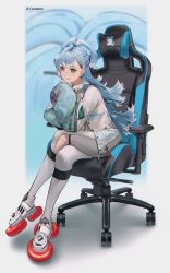 Rule 34 | 1girl, absurdres, ahoge, artist name, asymmetrical clothes, asymmetrical shorts, bike shorts, blue eyes, blue hair, braid, chair, crop top, cropped shirt, crossed legs, ear piercing, earrings, eyelashes, full body, gaming chair, grey background, hair behind ear, half up braid, highres, hololive, hololive indonesia, indonesian commentary, jacket, jewelry, kneehighs, kobo kanaeru, light blue hair, liquid hair, long hair, looking at viewer, lufi ays, midriff, multicolored hair, open clothes, open jacket, parted lips, piercing, ribbed legwear, see-through, see-through jacket, shoes, shorts, simple background, sitting, smile, socks, solo, star (symbol), star earrings, swivel chair, two-tone hair, virtual youtuber, white footwear, white hair, white jacket, white shorts, white socks, zipper, zipper pull tab