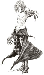 Rule 34 | 1boy, aoi (ene), armor, bad id, bad pixiv id, boots, claws, full body, greyscale, leather, male focus, monochrome, nene (pixiv15857), simple background, solo, sydney losstarot, topless male, vagrant story, white background