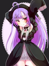 Rule 34 | 1girl, ahoge, arms up, beret, black bow, black bowtie, black dress, black hat, blunt bangs, blush, bow, bowtie, closed mouth, collar, commentary request, cowboy shot, cowlick, dress, flat chest, frilled dress, frills, grey background, grey collar, hat, highres, lace background, leaning forward, long hair, looking to the side, medium bangs, nanashi inc., petticoat, purple hair, qwq oekaki, red eyes, shisui kiki, shisui kiki (2nd costume), sleeves past fingers, sleeves past wrists, smile, solo, very long hair, virtual youtuber