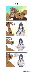 Rule 34 | 2girls, blue eyes, blue hair, brown hair, closed eyes, coat, comic, crying, crying with eyes open, disappointed, hair intakes, highres, hololive, hololive english, hood, hoodie, jewelry, long hair, long sleeves, looking at another, multiple girls, nanashi mumei, nanashi mumei (casual), necklace, ouro kronii, ouro kronii (casual), pants, shirt, skirt, smile, speech bubble, spinning, standing, sweater, taka t, tears, turtleneck, turtleneck sweater, virtual youtuber
