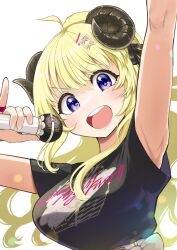 Rule 34 | 1girl, @-you (you 2023 8 16), ahoge, arm above head, armpits, black ribbon, black shirt, blonde hair, blue eyes, breasts, english text, hair ornament, hair ribbon, hairclip, highres, holding, holding microphone, hololive, horns, jewelry, large breasts, long hair, looking at viewer, microphone, open mouth, ribbon, ring, sheep girl, sheep horns, shirt, short sleeves, simple background, smile, solo, teeth, tsunomaki watame, tsunomaki watame (watame night fever!!), upper body, upper teeth only, v-shaped eyebrows, virtual youtuber, white background