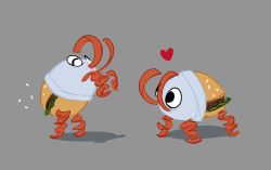 Rule 34 | absurdres, black eyes, bug, bugsnax, bunger, burger, closed eyes, food, grey background, happy, heart, highres, lettuce, looking at another, meat, rearing, seed, sesame seeds, shadow, simple background, tagme, wrapper, yumkrill