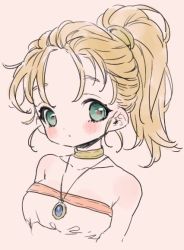 Rule 34 | 1girl, bare shoulders, blonde hair, blue eyes, blush, breasts, choker, chrono trigger, jewelry, long hair, looking at viewer, maitou, marle (chrono trigger), necklace, ponytail, simple background, smile, solo