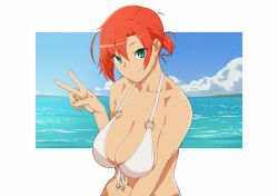 1girl akitetsu bikini blue_sky boudica_(fate) breasts cloud fate/grand_order fate_(series) green_eyes horizon large_breasts looking_at_viewer ocean outdoors ponytail red_hair short_hair short_ponytail sky smile solo swimsuit upper_body v water white_bikini