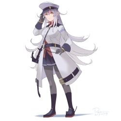 Rule 34 | 10s, 1girl, belt, black gloves, blush, breasts, coat, facial scar, gangut (kancolle), gloves, grey hair, hat, highres, jacket, kantai collection, large breasts, long hair, long sleeves, looking at viewer, military, military hat, military uniform, miniskirt, orange eyes, pantyhose, peaked cap, rota (bitmap1022), scar, scar on cheek, scar on face, skirt, smile, solo, torpedo, uniform, white background
