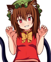 Rule 34 | 1girl, animal ear fluff, animal ears, bow, bowtie, breasts, brown hair, cat ears, cat tail, chen, claw pose, commentary request, furagu, grin, hands up, hat, light blush, looking at viewer, medium hair, mob cap, multiple tails, nekomata, pink eyes, red shirt, shirt, simple background, small breasts, smile, solo, tail, touhou, two tails, upper body, white background, yellow bow, yellow bowtie