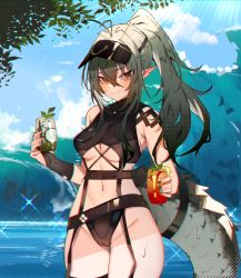 Rule 34 | 1girl, arknights, blush, crocodilian tail, cup, gavial (arknights), glass, green hair, hat, highres, holding, holding cup, looking at viewer, official alternate costume, orange eyes, pointy ears, ponytail, smile, solo, soukou makura, swimsuit, tail, tree, water