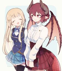 Rule 34 | 2girls, :d, ^ ^, anne (shingeki no bahamut), blonde hair, blue background, blue skirt, blue vest, blush, book, breasts, brown hair, brown wings, captain yue, center frills, closed eyes, closed mouth, dragon girl, dragon horns, dragon tail, dragon wings, frills, granblue fantasy, grea (shingeki no bahamut), green background, hair between eyes, highres, holding, holding book, horns, long hair, long sleeves, manaria friends, medium breasts, multiple girls, open mouth, own hands together, plaid, plaid skirt, pleated skirt, red eyes, red skirt, shingeki no bahamut, shirt, skirt, smile, tail, twitter username, two-tone background, very long hair, vest, white shirt, wings