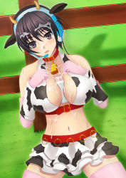 Rule 34 | 10s, 1girl, animal ears, animal print, bell, between breasts, blush, breasts, brown eyes, brown hair, collar, cow ears, cow horns, cow print, cowbell, elbow gloves, gloves, headset, horns, idolmaster, idolmaster cinderella girls, large breasts, milk, navel, neck bell, oikawa shizuku, open mouth, pink thighhighs, skirt, solo, suggestive fluid, tai (2vs), thighhighs