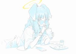 Rule 34 | 1girl, alternate costume, animal ears, blue archive, blush, bracelet, casual, cellphone, cup, disposable cup, dog ears, dog girl, dog tail, drink, drinking, drinking straw, earbuds, earphones, food, glasses, halo, hibiki (blue archive), highres, holding, holding cup, ice, jewelry, long hair, looking at viewer, monochrome, phone, s2j00, shirt, short sleeves, smartphone, solo, t-shirt, tail, tail wagging, upper body, watch, wristband, wristwatch
