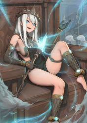 Rule 34 | 1girl, barefoot, blue eyes, breasts, crown, elbow gloves, elden ring, gloves, halberd, highres, long hair, medium breasts, ola (bunnyfly), open mouth, polearm, shield, sideboob, sitting, slit pupils, smile, snake, staff, thighs, weapon, white hair