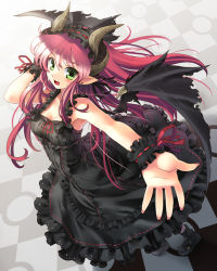 Rule 34 | 1girl, black dress, breasts, checkered floor, cleavage, demon girl, demon wings, dress, dutch angle, earrings, float, floor, foreshortening, frilled dress, frills, from above, full body, gothic lolita, green eyes, hairband, horns, jewelry, katahira masashi, lace, lolita fashion, lolita hairband, looking at viewer, nail polish, open mouth, original, outstretched arm, outstretched hand, perspective, pink hair, pink nails, pointy ears, solo, standing, too many, torn wings, wings, wrist cuffs