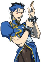 Rule 34 | 1boy, blue dress, blue hair, bracelet, brown pantyhose, bun cover, capcom, china dress, chinese clothes, chun-li, chun-li (cosplay), color connection, cosplay, crossdressing, cu chulainn (fate), cu chulainn (fate/stay night), dress, fate/stay night, fate (series), grin, jewelry, leaning back, male focus, pantyhose, pelvic curtain, ponytail, puffy short sleeves, puffy sleeves, red eyes, rui (o-rui), short sleeves, side slit, simple background, smile, solo, spiked bracelet, spikes, street fighter
