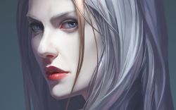 Rule 34 | 1girl, blonde hair, blue eyes, chenbo, close-up, jaina proudmoore, lipstick, long hair, looking at viewer, makeup, multicolored hair, pale skin, profile, realistic, solo, two-tone hair, warcraft, white hair, world of warcraft