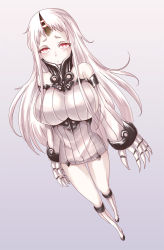 Rule 34 | 10s, 1girl, abyssal ship, asle, bad id, bad pixiv id, breasts, claws, detached sleeves, dress, female focus, from above, horns, kantai collection, large breasts, long hair, pale skin, red eyes, ribbed dress, ribbed sweater, seaport princess, short dress, single horn, solo, sweater, sweater dress, white hair