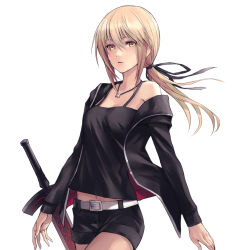 Rule 34 | 1girl, applekun, artoria pendragon (all), artoria pendragon (fate), belt, belt buckle, black jacket, black ribbon, black shirt, black shorts, blonde hair, breasts, buckle, cleavage, closed mouth, cowboy shot, excalibur morgan (fate), fate/stay night, fate (series), floating hair, hair between eyes, hair ribbon, highres, jacket, jewelry, long hair, low ponytail, midriff, navel, necklace, off shoulder, official alternate costume, open clothes, open jacket, ribbon, saber alter, saber alter (ver. shinjuku 1999) (fate), shirt, short shorts, shorts, simple background, sleeveless, sleeveless shirt, small breasts, solo, standing, stomach, sword, weapon, white background, white belt, yellow eyes