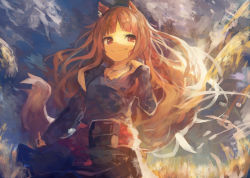 Rule 34 | 1girl, absurdres, animal ear fluff, animal ears, blue dress, blunt bangs, breasts, brown hair, cloud, commentary, cowboy shot, dress, fang, fox ears, fox girl, fox tail, hand up, highres, holo, kaamin (mariarose753), light smile, long hair, long sleeves, looking at viewer, outdoors, outstretched arm, red eyes, sky, small breasts, solo, spice and wolf, tail, very long hair