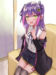 Rule 34 | alternate costume, alternate hairstyle, belt, casual, commentary request, couch, fang, green eyes, hair ornament, highres, hololive, jacket, long hair, looking at viewer, open mouth, pointy ears, purple eyes, shorts, sitting, solo, tenpura noraneko, tokoyami towa, virtual youtuber, window