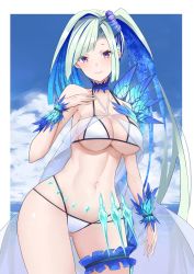 Rule 34 | 1girl, alternate hairstyle, bad id, bad twitter id, bikini, blue hair, breasts, brynhildr (fate), brynhildr (swimsuit berserker) (fate), brynhildr (swimsuit berserker) (first ascension) (fate), cleavage, cloud, collarbone, contrapposto, fate/grand order, fate/prototype, fate/prototype: fragments of blue and silver, fate (series), gluteal fold, large breasts, long hair, multicolored hair, navel, purple eyes, scrunchie, see-through, side ponytail, smile, solo, swimsuit, thigh strap, white bikini, yuzuruka (bougainvillea)