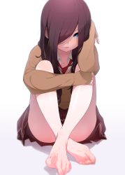 Rule 34 | 1girl, absurdres, barefoot, blue eyes, blurry, depth of field, feet, hair over one eye, highres, long hair, looking at viewer, miyoshi yoshimi, parted lips, school uniform, toes
