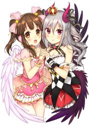 Rule 34 | 10s, 2girls, :d, absurdres, angel wings, black wings, blush, breasts, brown eyes, brown hair, checkered clothes, checkered dress, choker, cleavage, crown, demon horns, dress, drill hair, frilled dress, frills, grey hair, hair ornament, hair ribbon, headset, highres, holding hands, horns, idolmaster, idolmaster cinderella girls, jewelry, kakizato, kanzaki ranko, lace, long hair, looking at viewer, mini crown, multiple girls, multiple wings, necklace, ogata chieri, open mouth, red eyes, ribbon, short dress, sleeveless, smile, strapless, strapless dress, twintails, two side up, wings, wrist cuffs