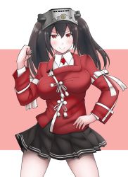 Rule 34 | 1girl, black hair, black skirt, breasts, commentary request, cosplay, cowboy shot, hand on own hip, highres, japanese clothes, kantai collection, kariginu, kirigakure (kirigakure tantei jimusho), large breasts, long hair, looking at viewer, magatama, nagato (kancolle), pleated skirt, red eyes, red shirt, ryuujou (kancolle) (cosplay), ryuujou (kancolle), shirt, skirt, smile, solo, standing, twintails, visor cap