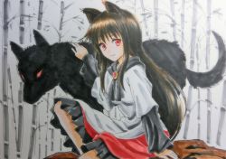 Rule 34 | 1girl, animal, animal ears, bamboo, bamboo forest, beluo77, brooch, brown hair, dress, forest, imaizumi kagerou, jewelry, long sleeves, looking at viewer, marker (medium), nature, red eyes, tail, touhou, traditional media, wide sleeves, wolf, wolf ears, wolf tail