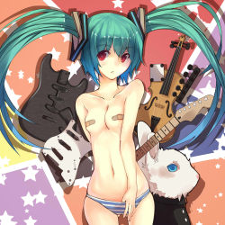 Rule 34 | 1girl, absurdres, alternate eye color, aqua hair, bandaid, bandaids on nipples, breasts, electric guitar, guitar, hatsune miku, highres, instrument, long hair, panties, panties only, pasties, rabbit, rain lan, red eyes, small breasts, solo, striped clothes, striped panties, topless, twintails, underwear, underwear only, violin, vocaloid