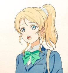 Rule 34 | 1girl, artist name, artist request, ayase eli, bag, black jacket, blonde hair, blue cardigan, blue eyes, blue jacket, blush, bow, bowtie, breasts, cardigan, collared shirt, female focus, green bow, hair between eyes, hair ornament, hair scrunchie, high ponytail, jacket, long hair, long sleeves, looking at viewer, love live!, love live! school idol project, otonokizaka school uniform, parted lips, ponytail, school bag, school uniform, scrunchie, shirt, short hair, short sleeves, small breasts, smile, solo, striped, striped bow, upper body, white background, white scrunchie, white shirt