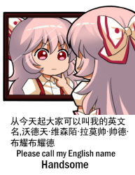 Rule 34 | 1girl, bilingual, chinese text, english text, engrish text, expressionless, from behind, fujiwara no mokou, hair ribbon, hand on own chin, jokanhiyou, light purple hair, long hair, meme, mirror, mixed-language text, ranguage, red eyes, reflection, ribbon, simple background, solo, suspenders, touhou, translation request, upper body, white background